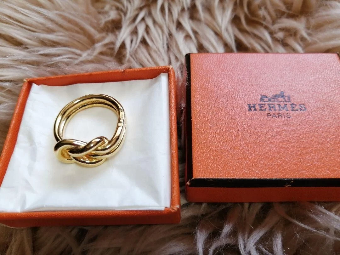 Vintage HERMES Scarf Ring Atame Circle Knot Design Gold Tone with box