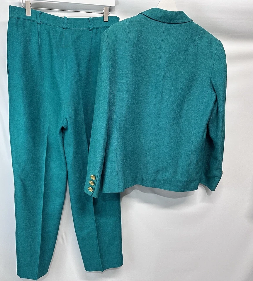 Traje Pantalón Ann May Vintage Años 80 100% Seda Verde Esmeralda Chaqueta Talla 12 y Pantalones Talla 14 Foto 2 de 4