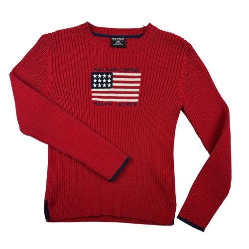 Vintage Polo Jeans Sweater Womens Medium Ralph Lauren Flag Ribbed Red 90s USA
