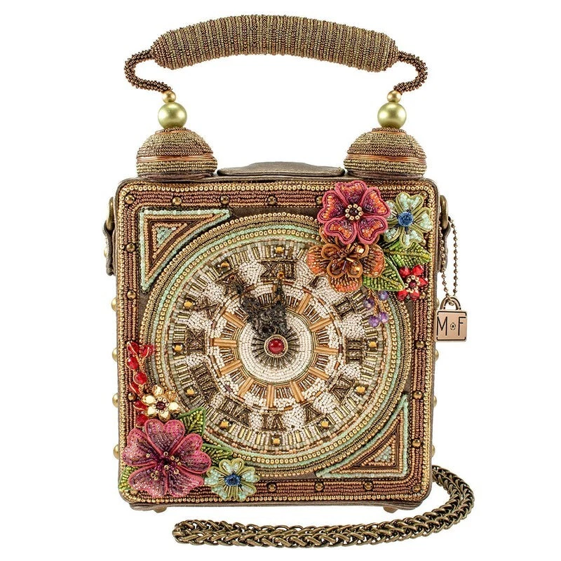Mary Frances Time of Your Life Beaded Handbag Clock Bag 3D Flower Gold Purse NEW
