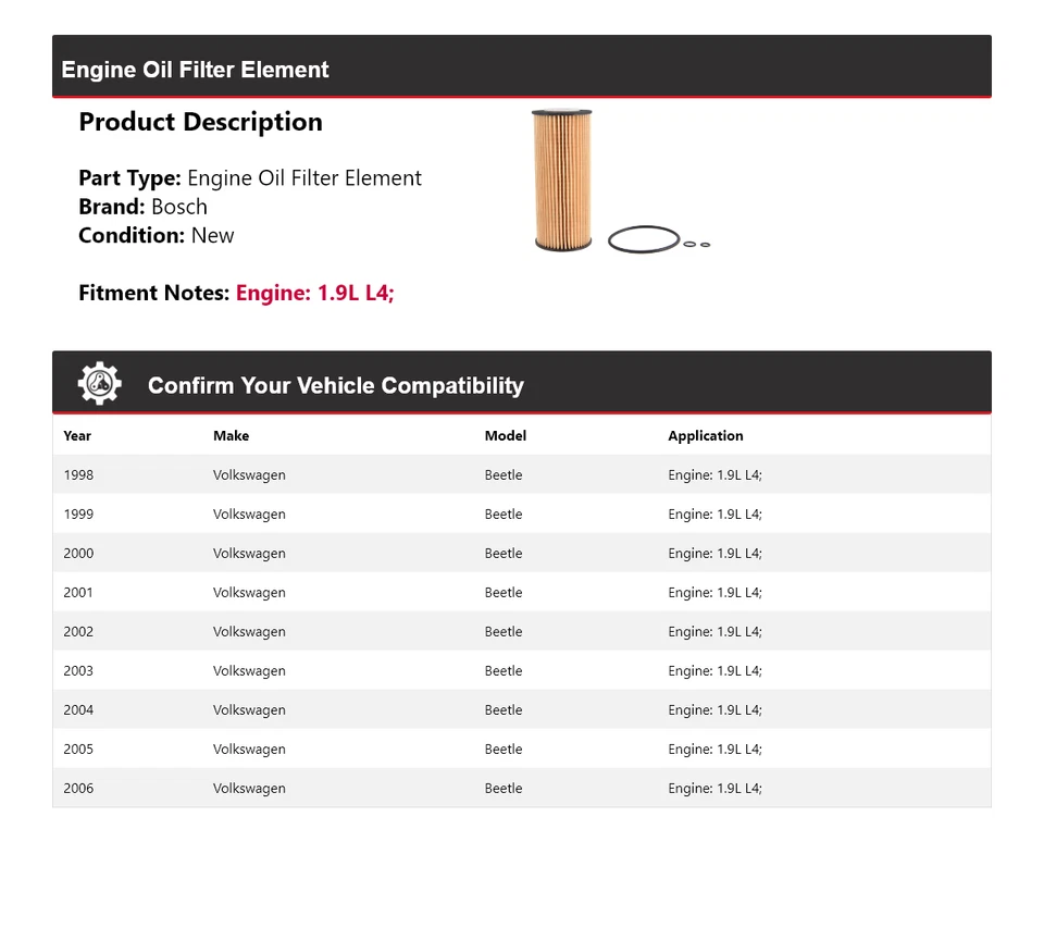 Filtro de aceite premium Bosch 1999 2000 2001 para Volkswagen Beetle 1998-2006 1,9 L L4 Foto 2 de 3