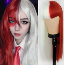 Lotacos Long Wig Bangs Anime Cosplay Halloween Synthetic 2-tone 26” Red/white
