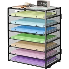 8 Tier Paper Organizer with Handle, Metal Mesh Desk File Organizer, Large Black