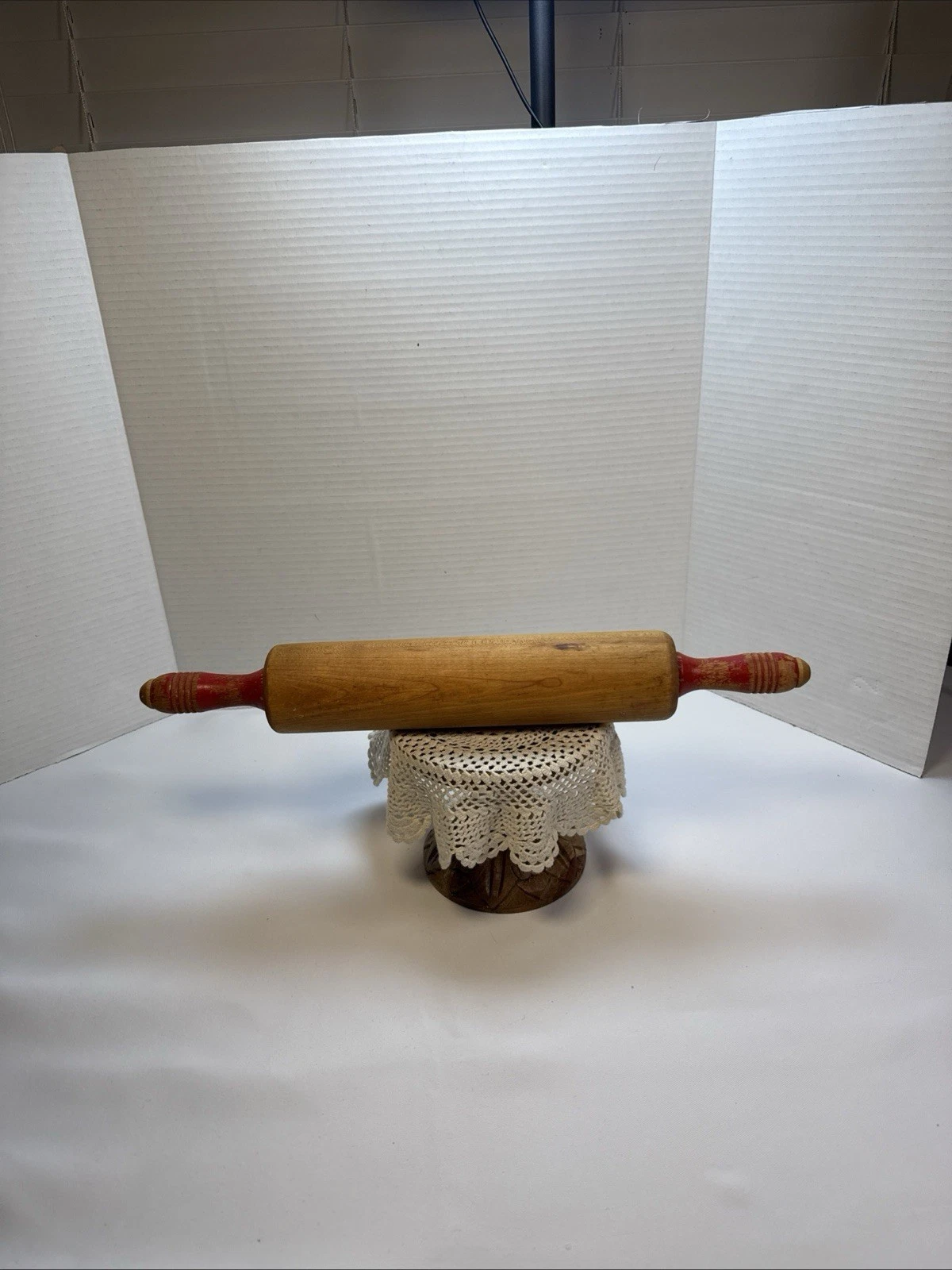 Vintage 17" Old Primitive Wood ROLLING PIN Red Wood Handles Farmhouse Decor