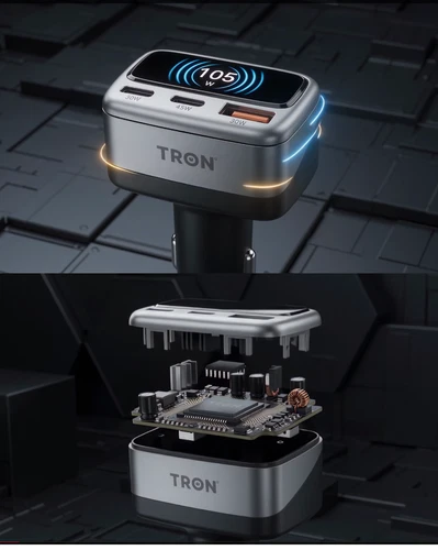 TRON 105W 3-Port Car Charger with Smart TFT Display, USB-C & USB-A Fast Charging image 4