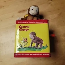 Curious George Monkey Jack in the Box Metal w/Music Tin Pop Goes The Weasel 5.5”