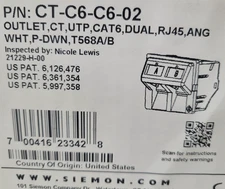 Siemon CT Cat 6 Outlet Dual RJ45 Angled UTP CT-C6-C6-02 White 2-Port 70041623342