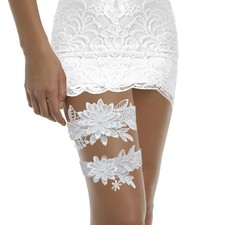 2-Piece Lace Wedding Garter Set - White Flower Lace Fabric Garter Belt with E...