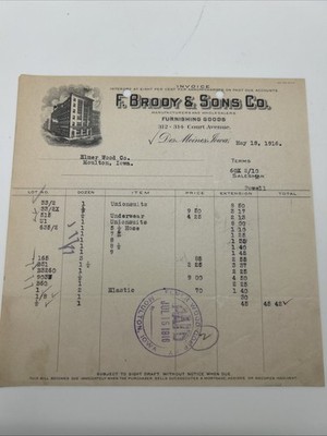 Antique Billhead 1916 F BRODY & SONS Des Moines Iowa Unionsuits and Underwear