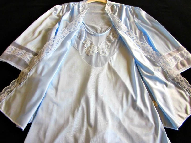 Vintage Nightgown + Robe Peignoir Set S Silky Blue Nylon Illusion Lace Bodice - Image 4 of 4