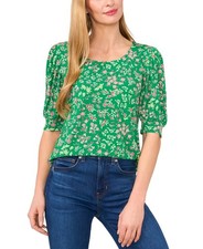 CeCe Women's Crewneck Shirred-Elbow-Sleeve Top-Green Multi-XL