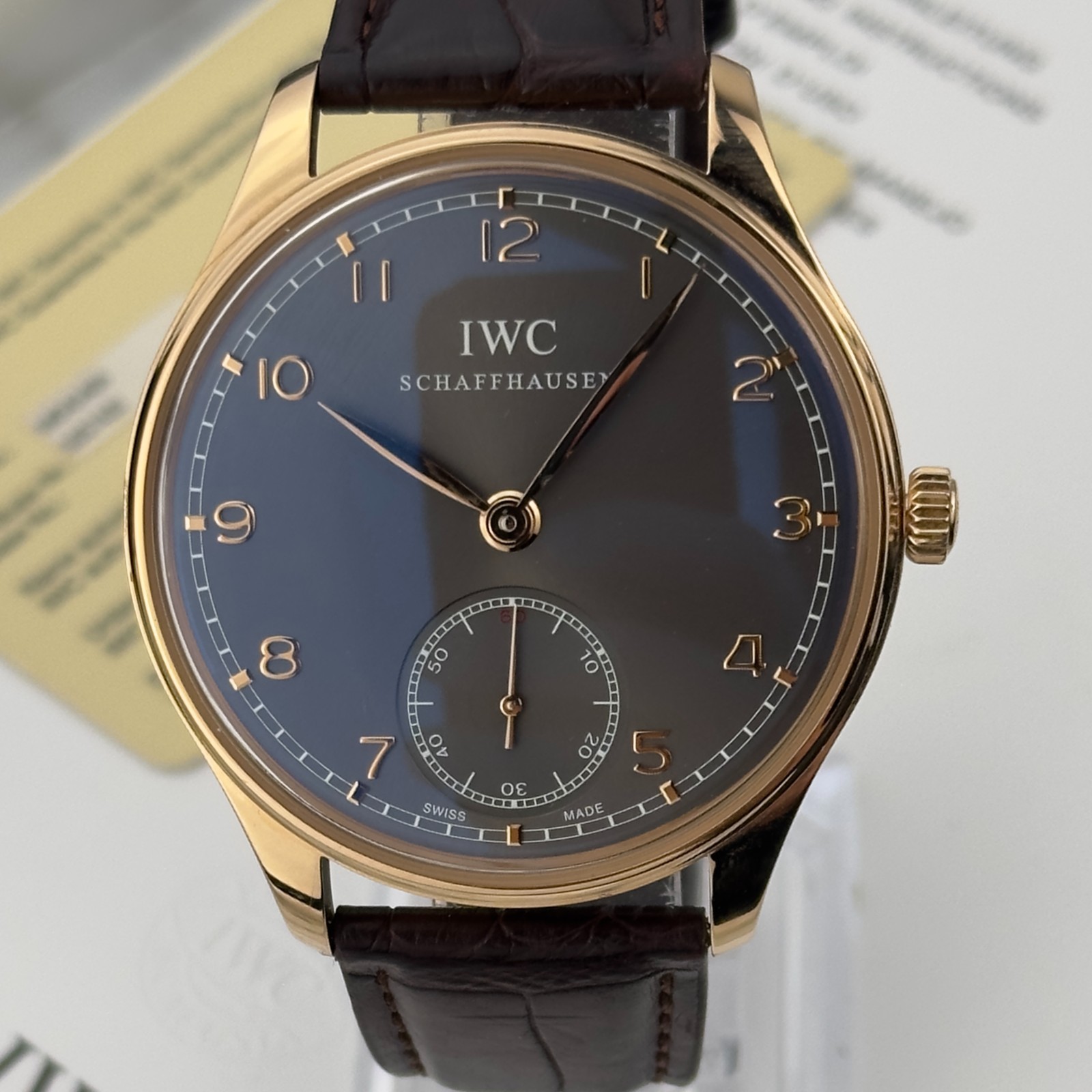 IWC Portuguese Rose Gold Grey Dial Manual Mens Watch IW545406 Box Card