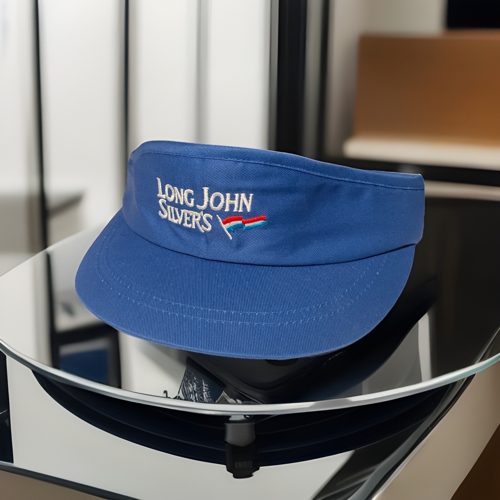 Vintage Long John Silvers Blue Fast Food Visor Hat One Size Promo Uniform