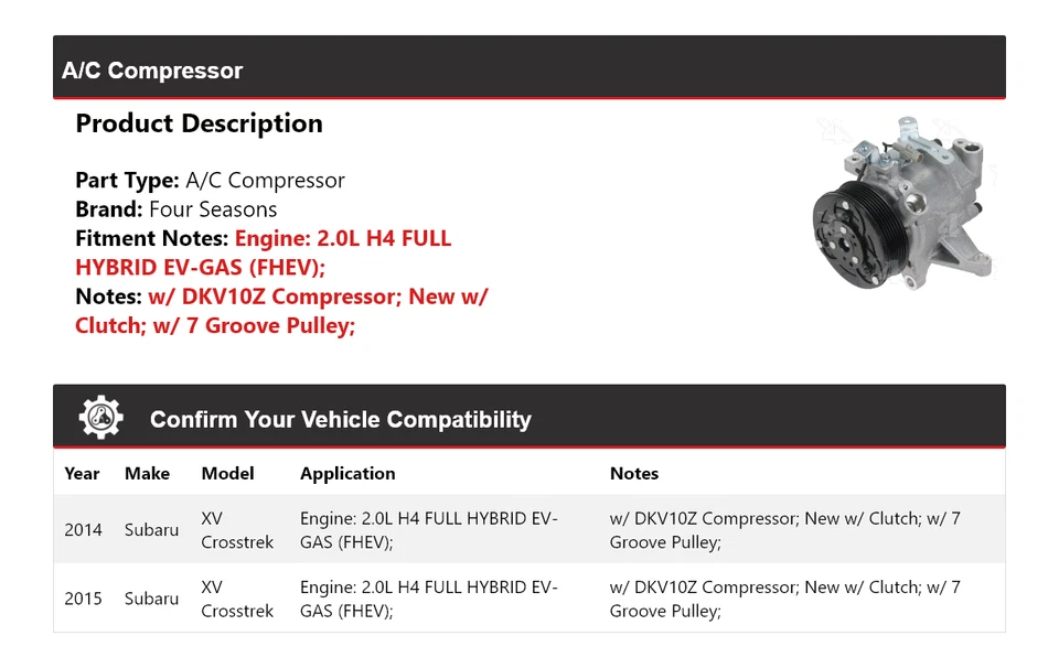 Compresor de aire acondicionado para Subaru XV Crosstrek 2014-2015 4 estaciones Foto 2 de 4