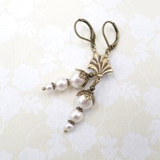 Art Nouveau Earrings with White Pearl, Antique Brass Handmade Art Deco Jewelry