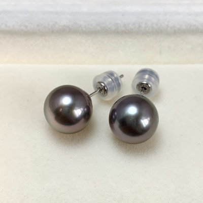 Big 10mm Round Pigeon-Gray Tahitian pearl stud earrings 18k solid white gold