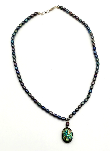 Sterling Silver Abalone Shell Pendant Tahitian Peacock Pearl Necklace 16” - Picture 2 of 4
