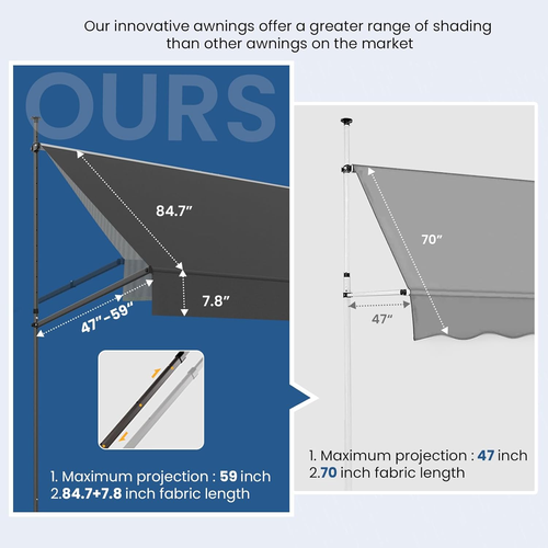 Manual Retractable Awning,138"W X 118"H,No Drilling Outdoor Sun Shade Patio Awni - Picture 4 of 8