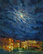 Moon landscape Original painting IMPRESSIONISM Oil on panel by A. Onipchenko