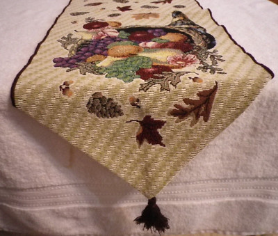 Tapestry Table Runner Nature's Harvest Cornucopia Dinner Table 72 X 13  tassels