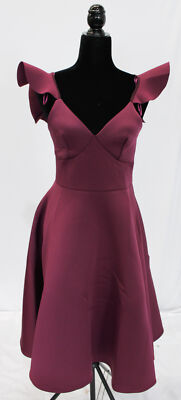 QUIZ Women's Scuba Foam Frill Sleeve Midi Dress CD4 Plum Size US:8 UK:12 NWT