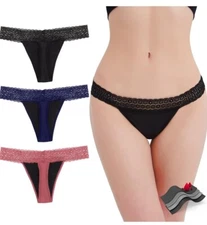 Period Underwear,Sexy Lace Thong Absorbent Panties,4 Layers Leakproof Period 3pc