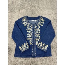 Hannah Jean Jacket Womans Medium Floral Embroidered Full Zip Boho Denim Coat Y2k