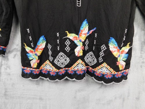Johnny Was Blouse Medium Black Embroidered Hummingbird Boho Festival Rainbow - Picture 2 of 12