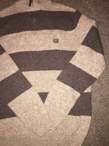 Mens Chaps Brown Tan Striped 1/4 Zip Sweater Knit Medium Mock Neck Elbow Pads - Picture 4 of 11