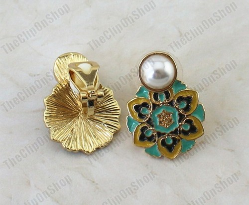 PENDIENTES CON CLIP estilo vintage y broche perla mandala azulejo esmalte dorado/negro/azul - Imagen 2 de 7