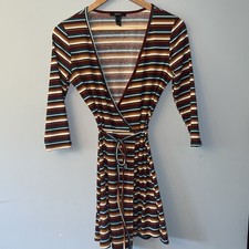 Forever 21 Women's Burgundy Green & Cream Ribbed Striped Wrap Dress Size Medium