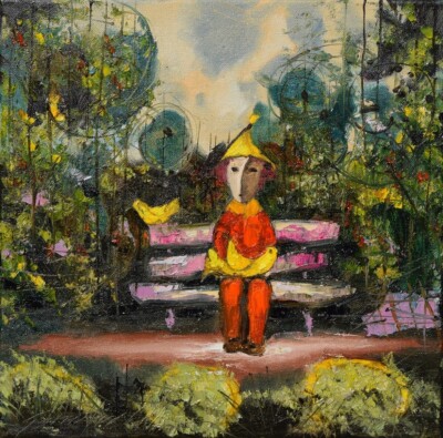 Na ławce'' Original Oil Painting 30x30cm signed Garncarek Al,,