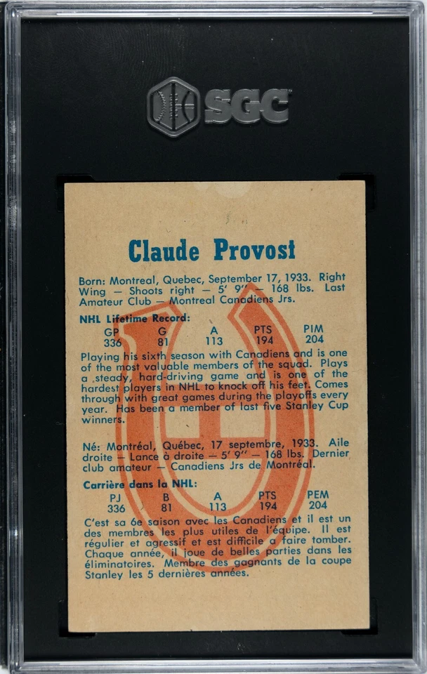 60-61 Parkhurst Card # 54 CLAUDE PROVOST MONTREAL CANADIENS SGC GRADED 7 SHARP! - Image 2 of 2
