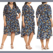 NEW Eliza J [PLUS 16W ] Floral High/Low Wrap Dress in Blue #F819