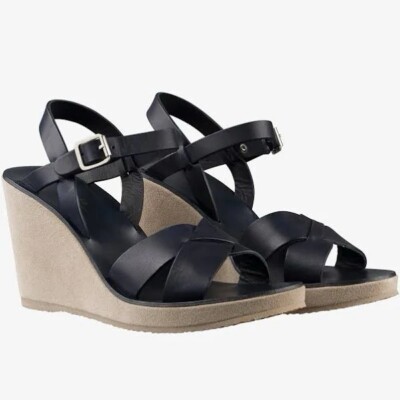 pre-owned  A.P.C. Juliette Leather Platform Wedge Sandal Black / Beige 39 / 9