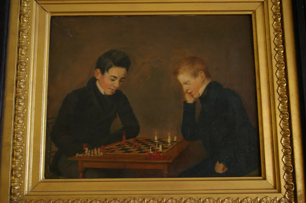 A CHESS GAME - FINE OIL PAINTING - 19th century