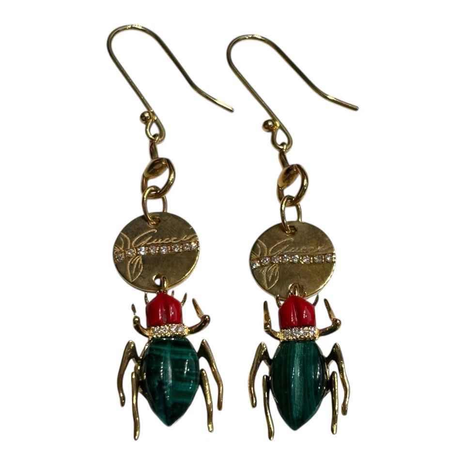 Pendientes Gucci Oro Amarillo 18k Diamante Malaquita Cornalina Escarabajo Logo Foto 2 de 4