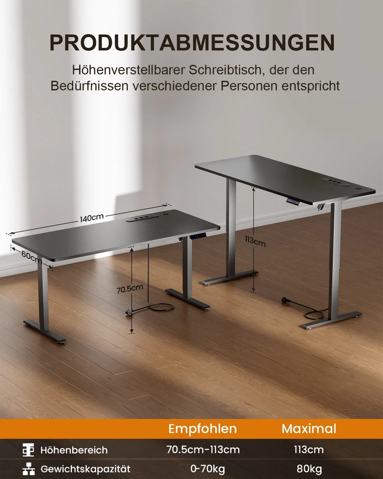 120/140/160cm Höhenverstellbarer Schreibtisch mit USB-Ladeanschluss & Steckdose - Bild 4 von 4