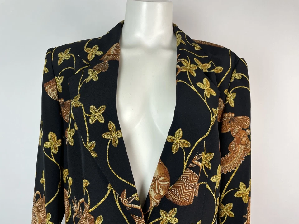Chaqueta De Colección Años 80 Rara Impresionante Estampado Tribal Negra 100% Seda 42 Alemania Foto 2 de 4