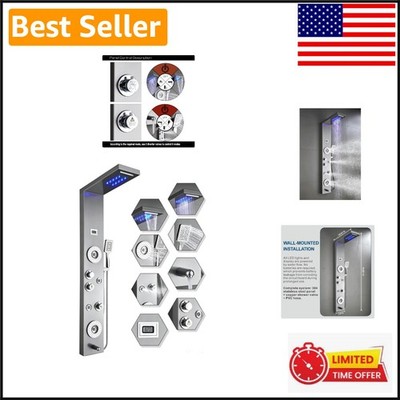 Luxury Stainless Steel Shower Panel with LED Rainfall & 6 Functions - Brushed...
