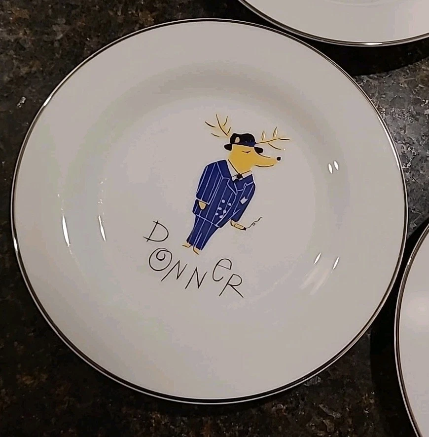 НАБОР (4) салат, десертные тарелки Pottery Barn REINDEER 8 3/8 дюйма. Комета, Амур, Доннер - Изображение 2 из 4