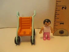 Playmobil figure BABY / TODDLER W/ BLACK HAIR + ORANGE STROLLER W/ BLACK WHEELS