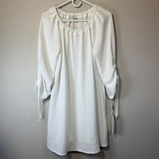 NWT Calvin Klein White Sheath Dress Boat Neckline Tied, Ruched Sleeve Women's 6