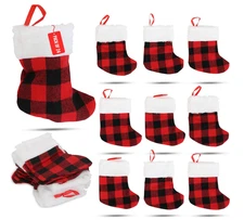 24 Pack Mini Christmas Stockings, 6 Inch Red Buffalo Plaid Holiday Ornaments
