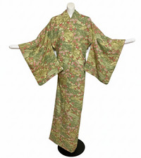 Japanese Kimono Komon S Light Green Colored Floral Pattern Pre-owned Silk
