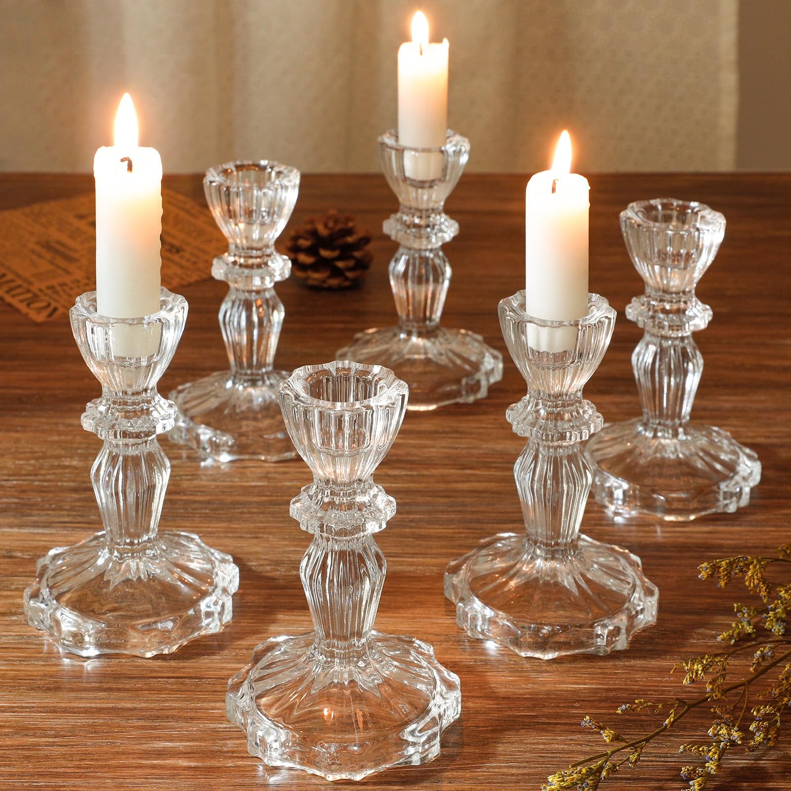 4 Tall Glass Candlestick Holder Set of 6 Clear Crystal Glass Candle Holders for
