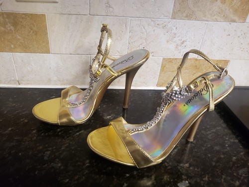 🔥Women's 7🔥Dazzling Gold & Rhinestone 4" Strappy, Stilleto High Heels, Pumps - Picture 6 of 11