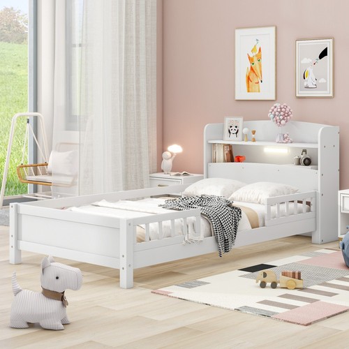 Wood Full Size Platform Bed with Built-in LED Light, Storage Headboard a - Picture 20 of 72