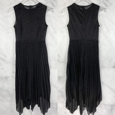 Glittery Semi Sheer High Neck Sleeveless Pleated Layering Midi Dress Black XS