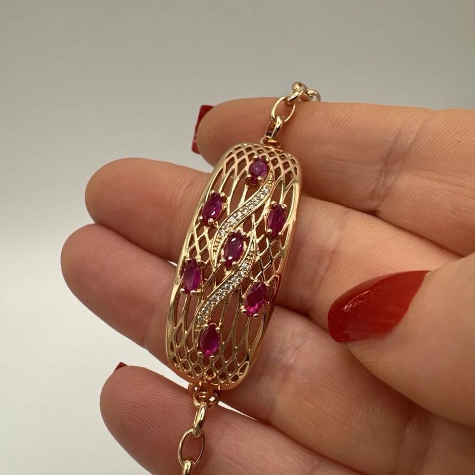 14CT Rolled Gold Ruby Filigree Lattice Bracelet Hallmarked 585RG Gift For Her - Image 2 of 4